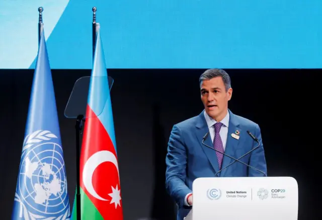 Spain's Prime Minister Pedro Sanchez delivers a statement during the United Nations climate change conference COP29, in Baku, Azerbaijan