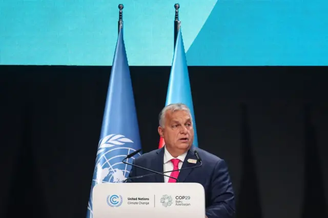 Prime Minister of Hungary Viktor Orban delivers his statement at the UN Climate Change Conference COP29 in Baku