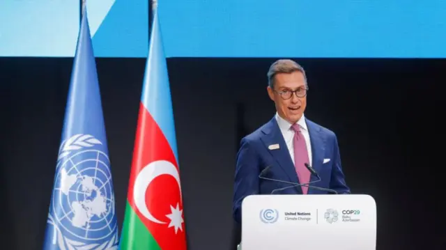 Finland's President Alexander Stubb delivers a statement during the United Nations climate change conference COP29, in Baku, Azerbaijan November 12, 2024