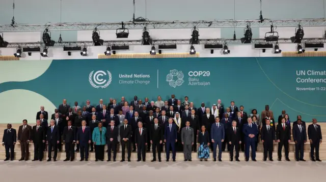 World leaders post in four rows in front of a teal blue background that features the logos of the COP29 conference and the united nations.