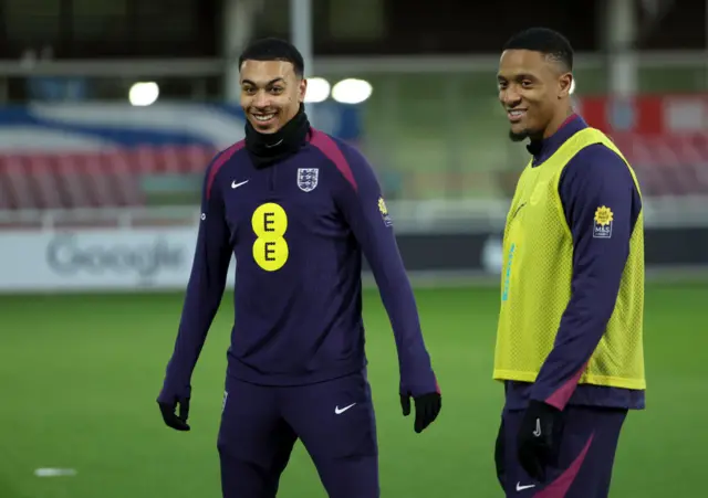 Aston Villa teammates Morgan Rogers and Ezri Konsa during an England training session