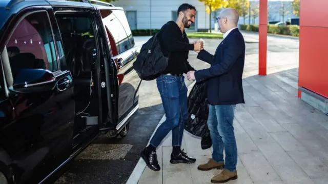 Head Coach Ruben Amorim of Manchester United arrives at Carrington Training Ground and is greeted by CEO Omar Barrada