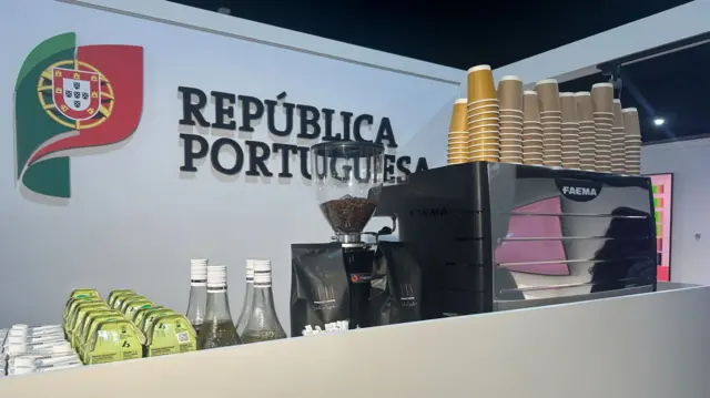 Coffee machine in front of Portugal sign