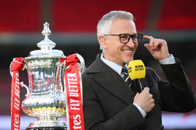 Gary Lineker presenting next to the FA Cup trophy