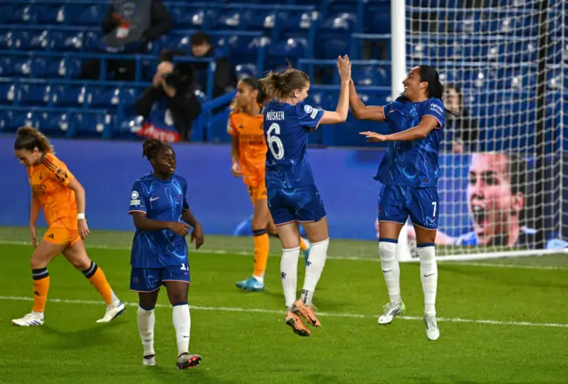 Mayra Ramirez of Chelsea celebrates with teammate Sjoeke Nusken