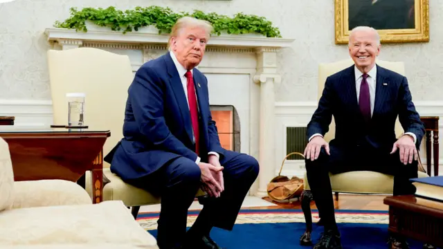 US President Joe Biden (R) and President-elect Donald Trump during a meeting in the Oval Office of the White House in Washington, DC, USA, 13 November 2024