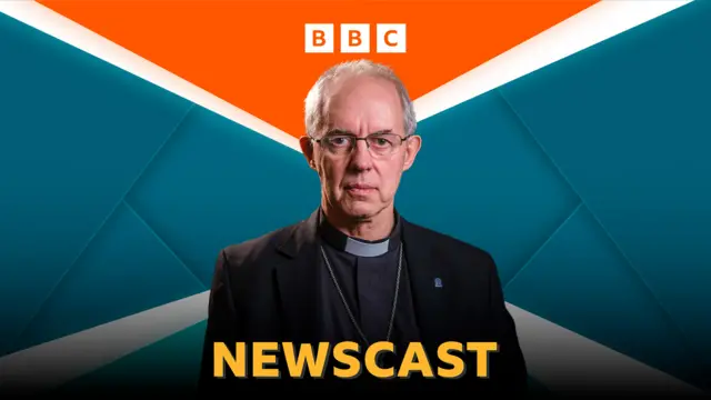 The BBC Newscast branding with a picture of Justin Welby on top of it