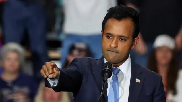 Vivek Ramaswamy gestures during a campaign event of Republican presidential nominee and former U.S. President Donald Trump, at Riverfront Sports in Scranton, Pennsylvania