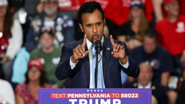 Vivek Ramaswamy speaking during a Trump campaign event in Pennsylvania