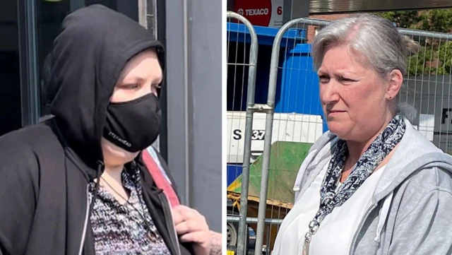 Two women, shown side-by-side, one with a black hoodie and black face mask  and the other with a grey hoodie, grey hair and a dark blue patterned scarf