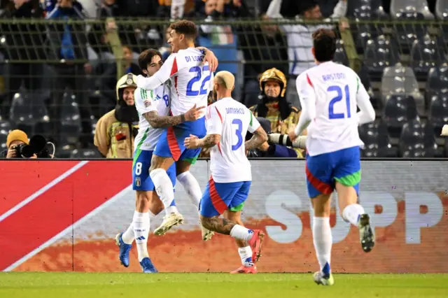 Tonali is congratulated by teammates after scoring v Belgium