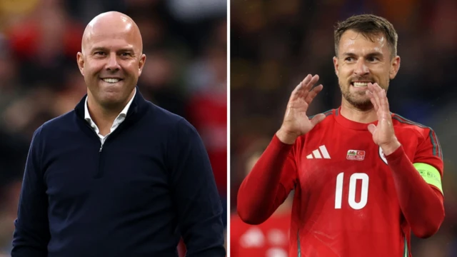 Left: Arne Slot smiling, right: Aaron Ramsey smiling.