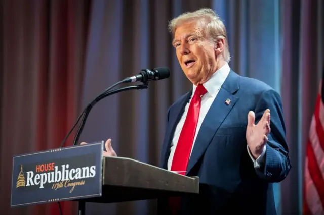 US President-elect Donald Trump speaks during a meeting with House Republicans at the Hyatt Regency hotel in Washington