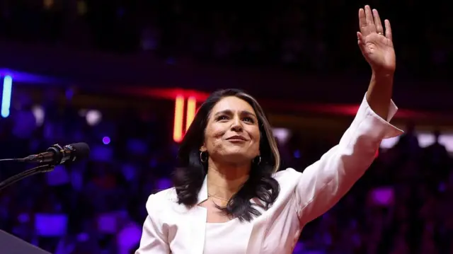 Tulsi Gabbard gestures during a rally for Republican presidential nominee and former U.S. President Donald Trump, at Madison Square Garden