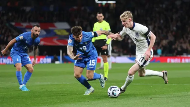 England's Anthony Gordon and Greece's Lazaros Rota