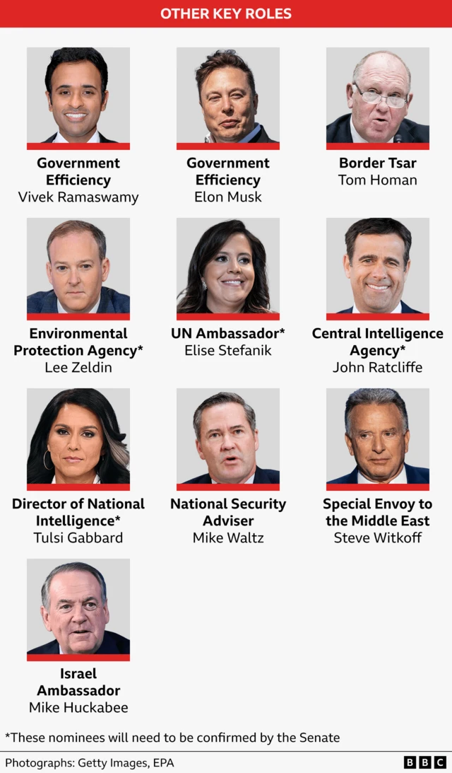 Graphic shows names for other key roles, including Elon Musk and Vivek Ramaswamy at government efficiency department, Tom Homan as border tsar, Lee Zeldin at the environmental protection agency, Elise Stefanik as UN ambassador, John Ratcliffe as CIA director, Tulsi Gabbard as director of national intelligence, Mike Waltz as national security adviser, Steve Witkoff as Special Envoy to the Middle East and Israel Ambassador Mike Huckabee. Zeldin, Gabbard and Ratcliffe are all marked as needing senate confirmation.