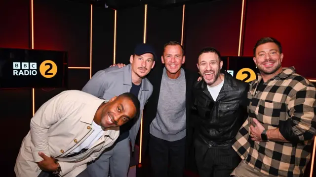 Boyband Blue in the Radio 2 studio with Scott Mills
