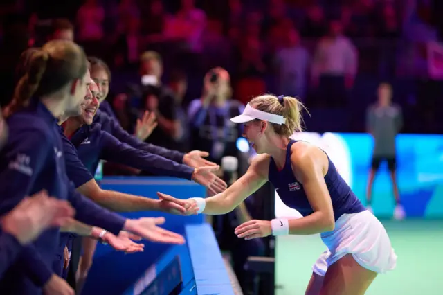 Katie Boulter of Team Great Britain celebrates after winning the Billie Jean King Cup Finals match between Germany and Great Britain