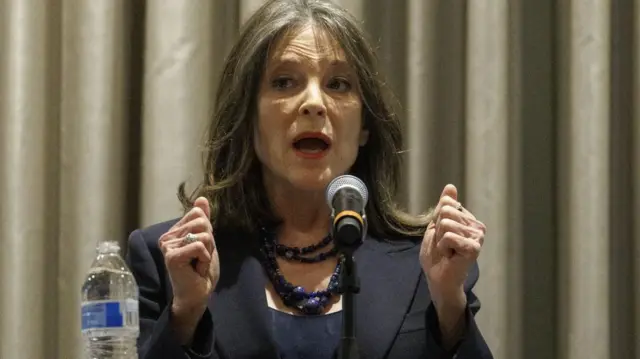 Marianne Williamson addresses the audience during a Democratic Candidate debate