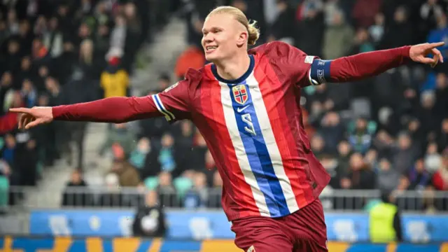 Erling Braut Haaland celebrates after scoring a goal