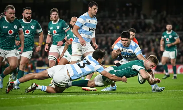 Jack Crowley scores a try for ireland