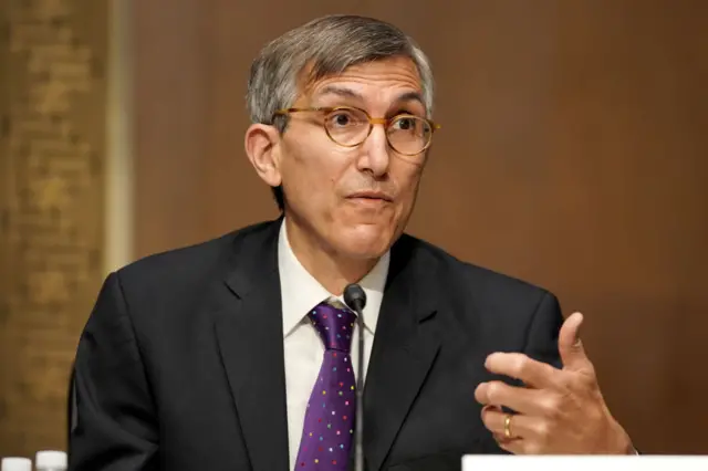 Peter Marks, head of the FDA's Center for Biologics Evaluation and Research, speaking into a microphone, taken at US Senate committee hearing in May 2021