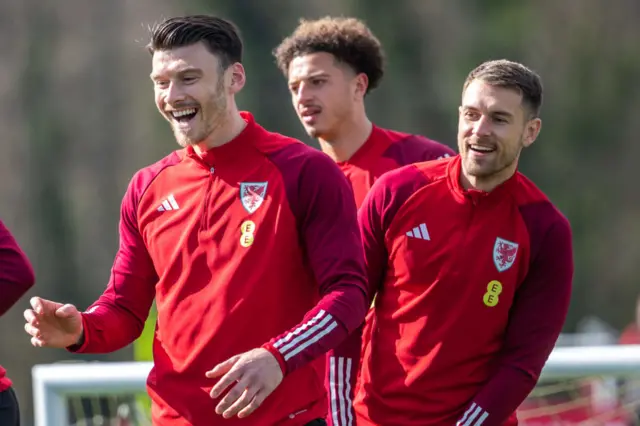 Kieffer Moore, Ethan Ampadu and Aaron Ramsey in training