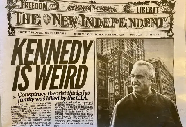 A campaign publication in the form of a newspaper called "The New Independent" with a prominent headline "Kennedy is Weird" and a picture of RFK Jr.