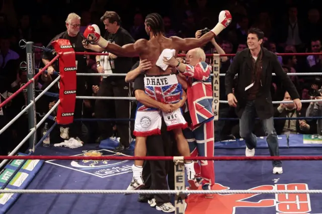 David Haye being lifted in celebration