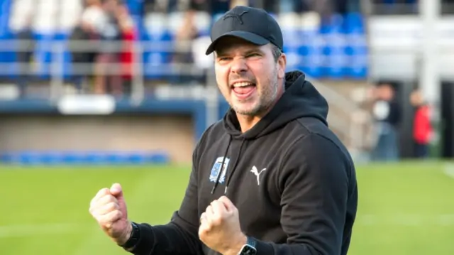 Barrow boss Stephen Clemence celebrating