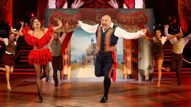 Wynne Evans and Katya Jones, during the dress rehearsal for Saturday's Strictly Come Dancing show on BBC1