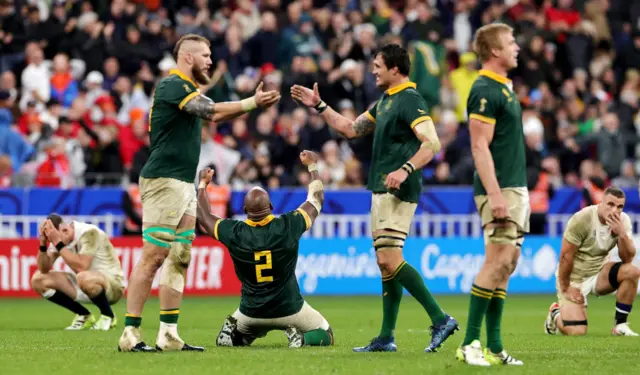 South Africa players celebrating at full time during the 2023 World Cup semi-final