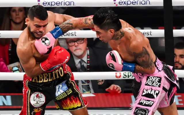 Mario Barrios, right, and Abel Ramos during their WBC world welterweight fight