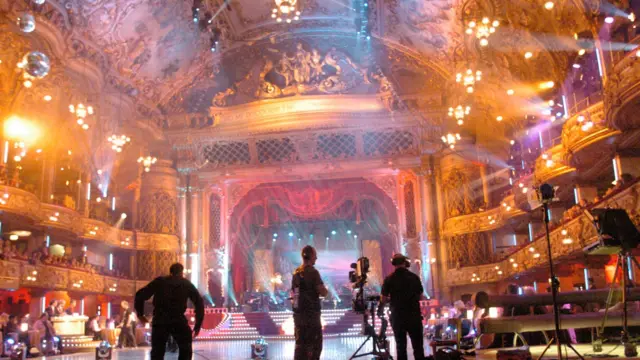 A camera crew in Blackpool's Tower Ballroom during an episode of Strictly Come Dancing's first series, in 2004