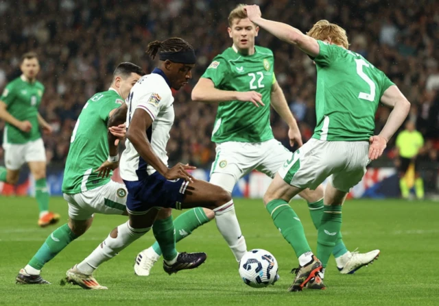 England's Noni Madueke in action with Republic of Ireland's Liam Scales