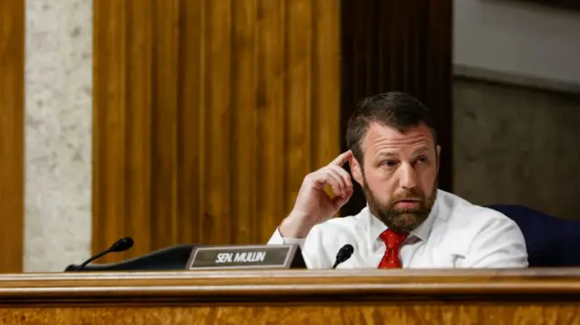 Markwayne Mullin speaks during a Senate Health, Education, Labor and Pensions Committee hearing with former Starbucks CEO Howard Schultz in the Dirksen Senate Office Building on Capitol Hill on March 29, 2023 in Washington, DC