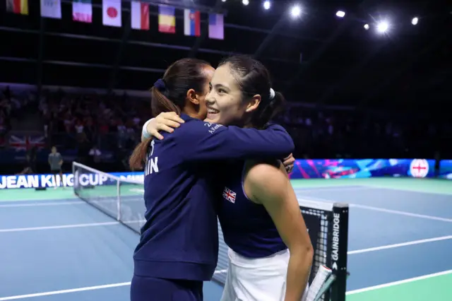 Team Captain Anne Keothavong embraces Emma Raducanu of Great Britain