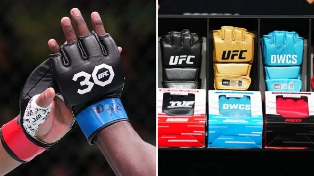 Two hands wearing UFC gloves (left) and UFC gloves displayed right)