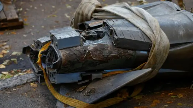 Close up of a part of a Russian missile after air strikes on Kyiv on 17 Nov 2024