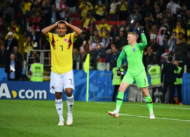 Jordan Pickford of England after saving the penalty from Carlos Bacca at the 2018 World Cup