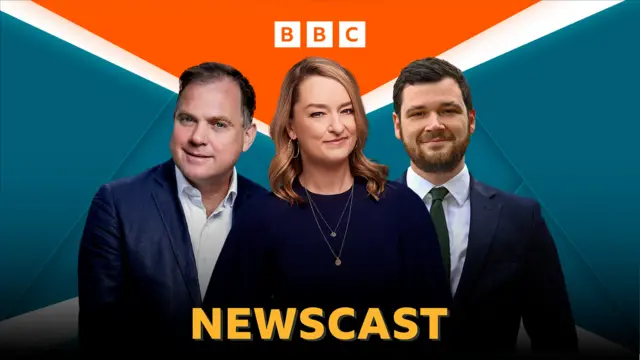 Newscast logo. In foreground Paddy O'Connell (L), Laura Kuenssberg (C) and Henry Zeffman (R)