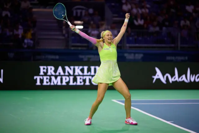 Rebecca Sramkova of Team Slovakia celebrates after winning the Billie Jean King Cup Finals Quarter Finals match