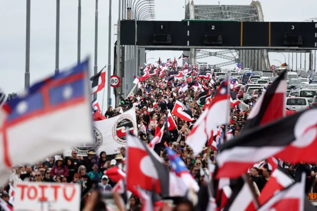 A bridge packed to the brim with people, most waving Maori flags. There's also lots of cars on the right hand side