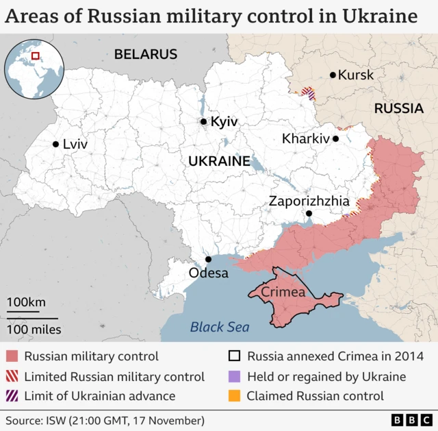 A map of Ukraine, with the lower right side coloured red to show areas of Russian control, plus some striped sections in the top right to show areas of contention