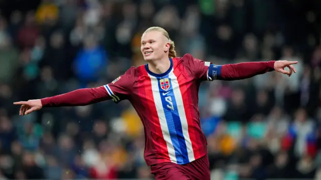 Erling Haaland celebrates after scoring against Kazakhstan.