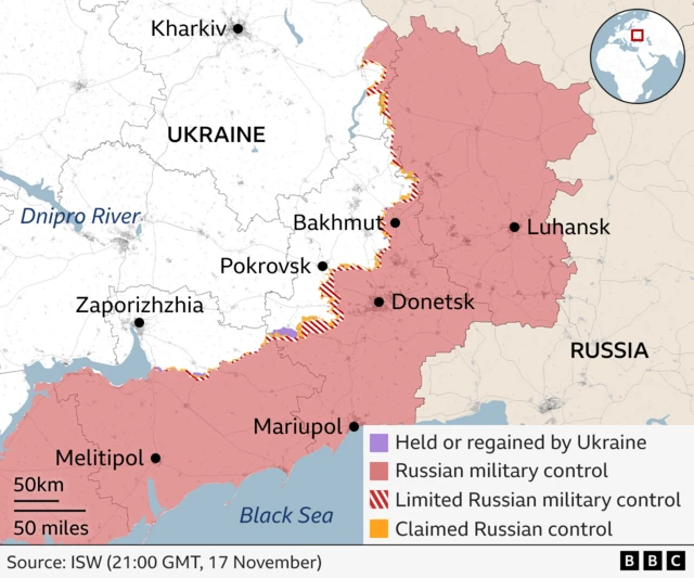 A map shows areas if Ukraine, marked in red, that are currently under Russia military control