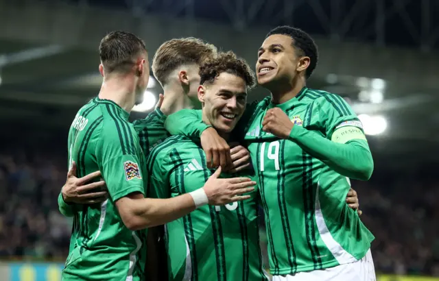 Northern Ireland celebrating Dion Charles' goal against Belarus