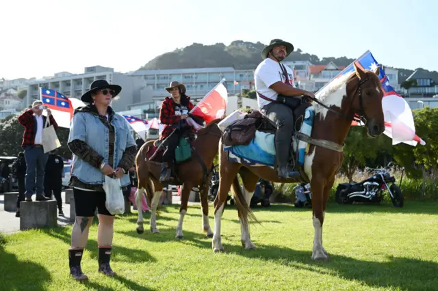 Two people sit on brown and white horses holding flags in their hands. A woman stands next to the horses holding a plastic bag. All three of them wear wide brim hats.