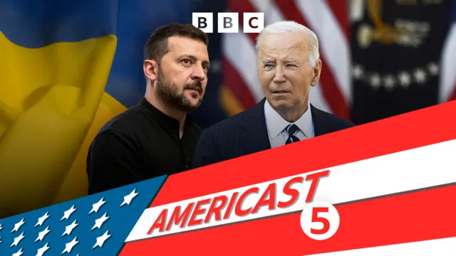 Americast logo combined with BBC Radio 5 Live logo on top of an American flag. Above this is a picture of Biden and Zelensky.