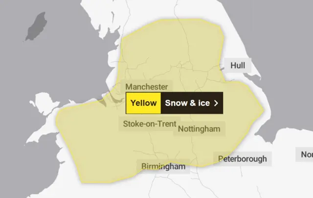 A yellow weather warning map, showing the parts of England and Wales that could face snow and ice, including the North-West, Yorkshire, the Midlands and North Wales